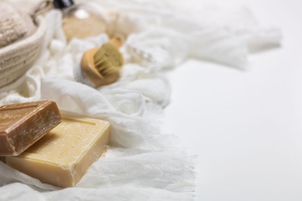 Free Image of High angle view of bath products on towel 