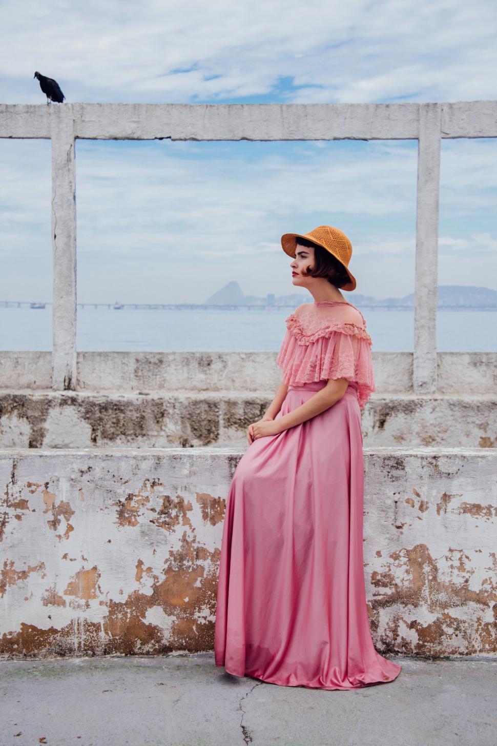 Free Image of Woman in pink gown on seaside with bird 