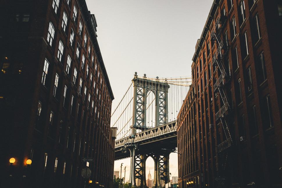 Free Image of Famous bridge seen between urban buildings 