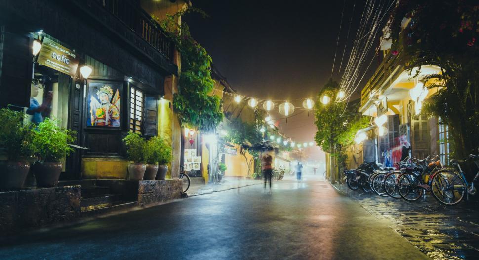 Free Image of Evening street scene in a festive town 