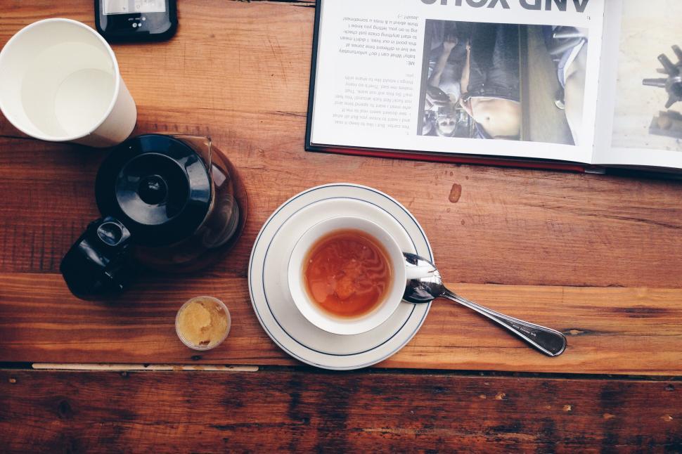 Free Image of Overhead view of coffee and magazine 