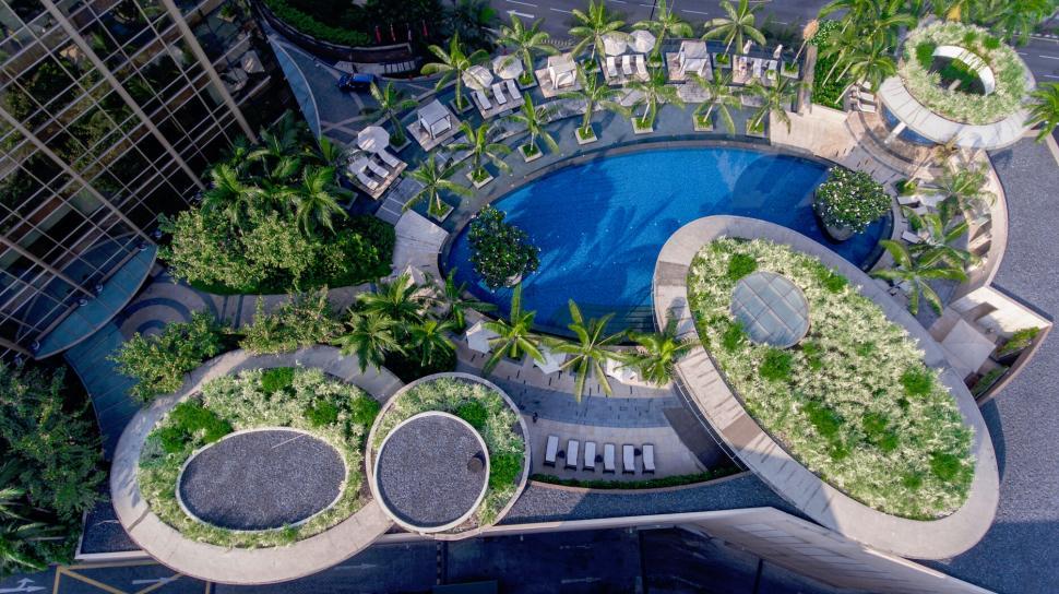Free Image of Aerial view of a resort pool 