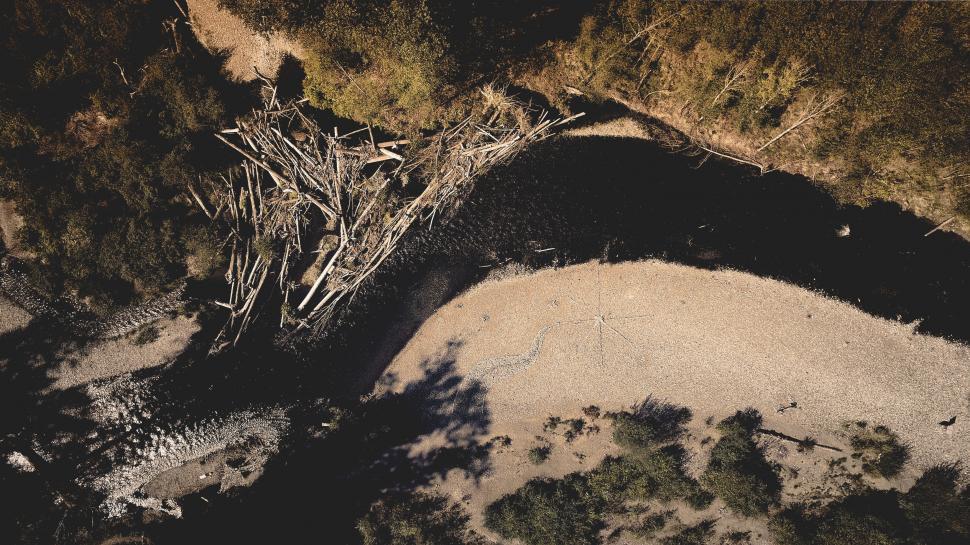Free Image of Aerial view of a riverbed with driftwood 