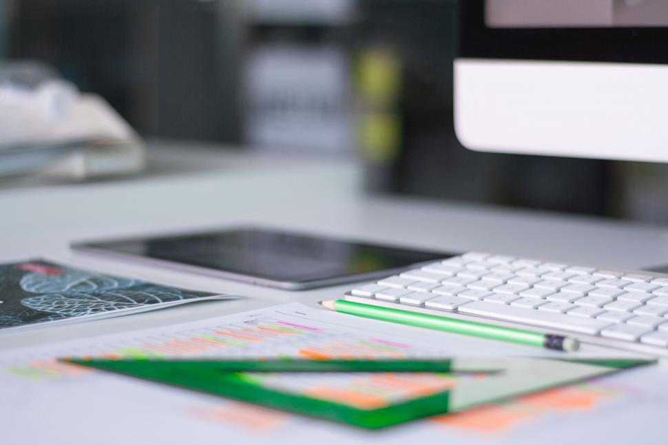 Free Image of Desk with computer and office supplies 