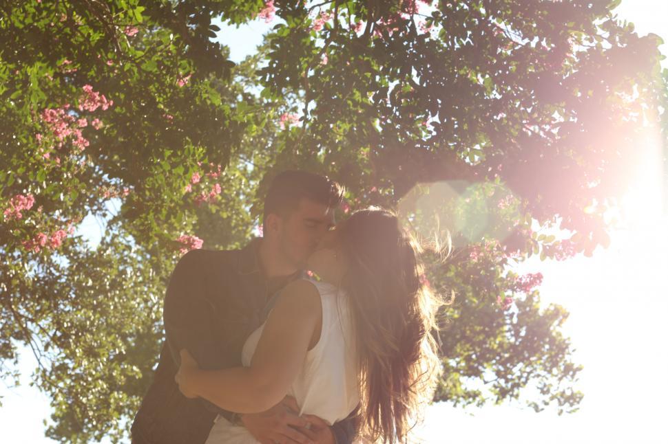 Free Image of Couple kissing under sunlight through trees 