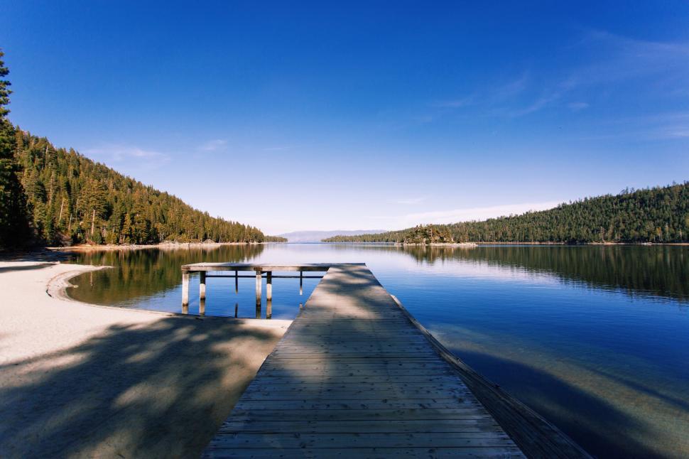 Free Image of Wooden pier leading into a calm lake 