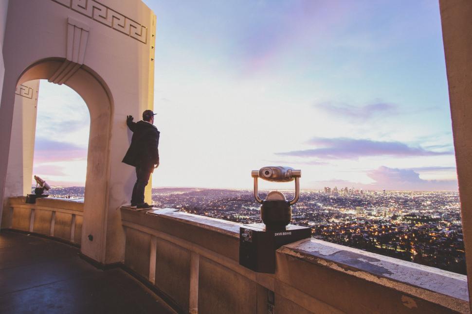 Free Image of Person looking out at city skyline from observatory 