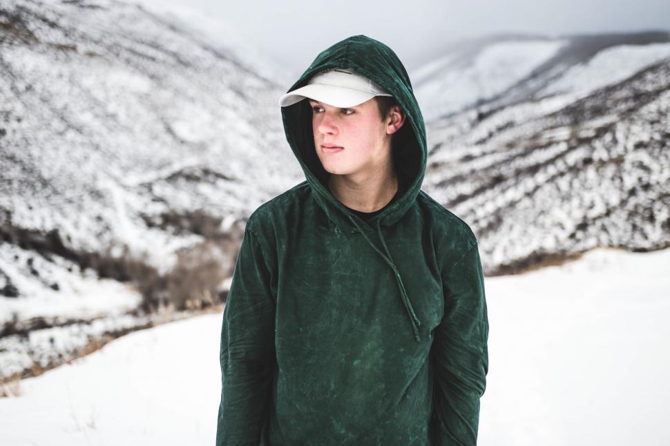 Free Image of Person in green hoodie in snowy landscape 