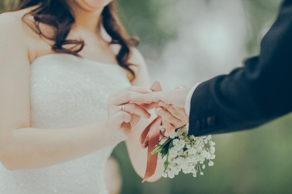 Free Image of Bride and groom exchanging wedding rings 