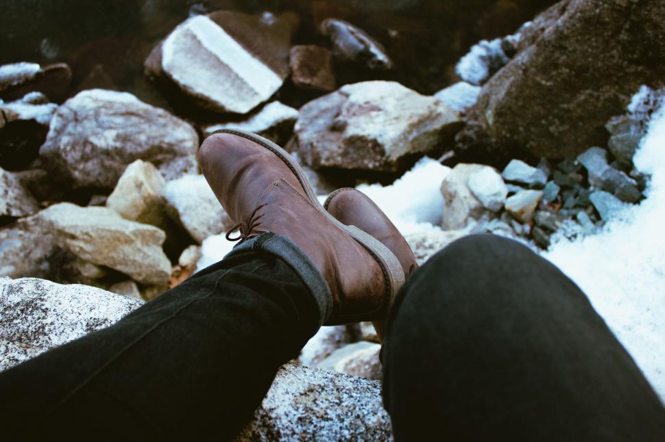Free Image of Person relaxing with feet up on rocks 