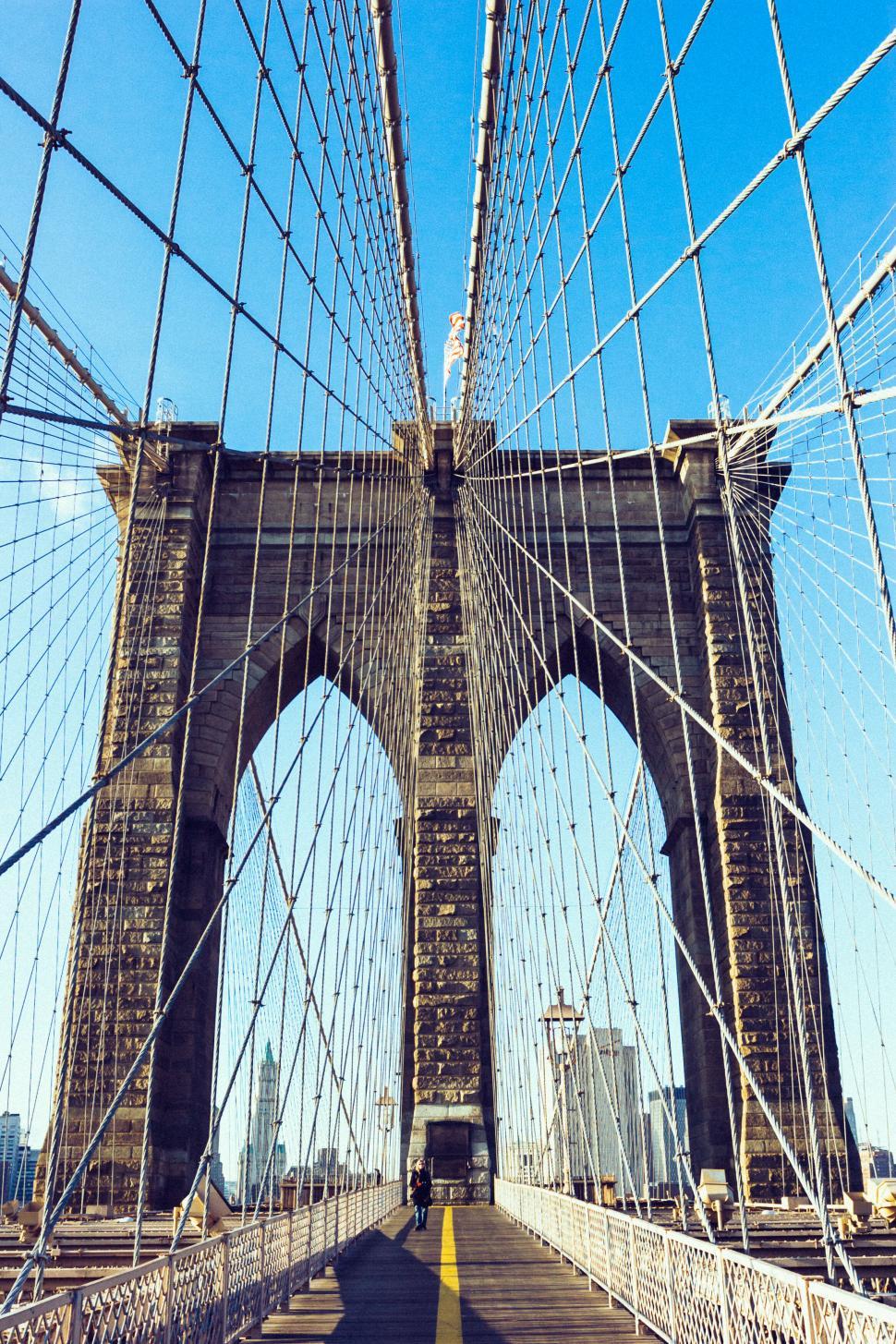 Free Image of Brooklyn Bridge with pedestrians walking 