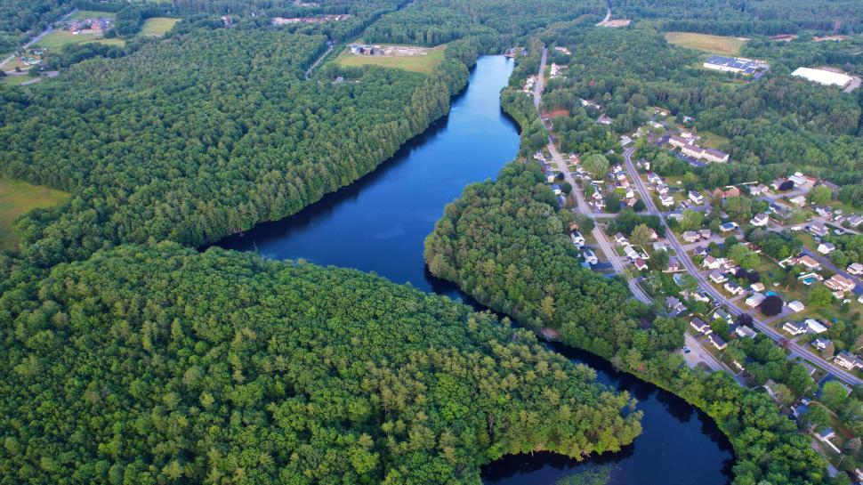 Free Image of Drone view over river winding through forest 