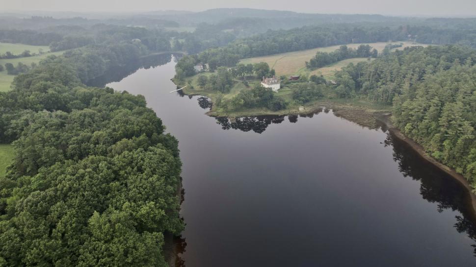 Free Image of Misty river winding through green forests 