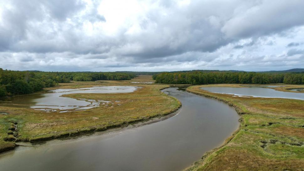 Free Image of Aerial view of a winding river and forests 
