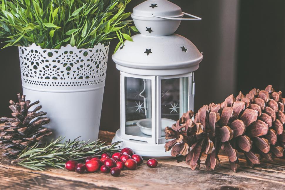 Free Image of Holiday decoration with lantern and pine cones 
