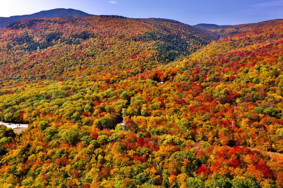 Free Image of Autumn landscape with colorful forested hills and sky 