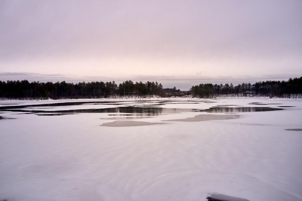 Free Image of Snow-covered lake with forest on a cloudy winter day 