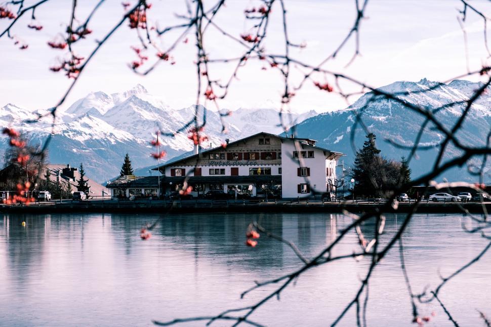Free Image of Lakeside house framed by branches and snowy mountains. 