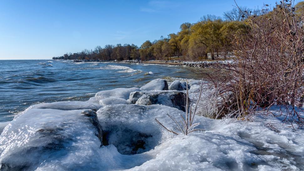 Free Image of Icy lake shore with frost-covered rocks and trees 