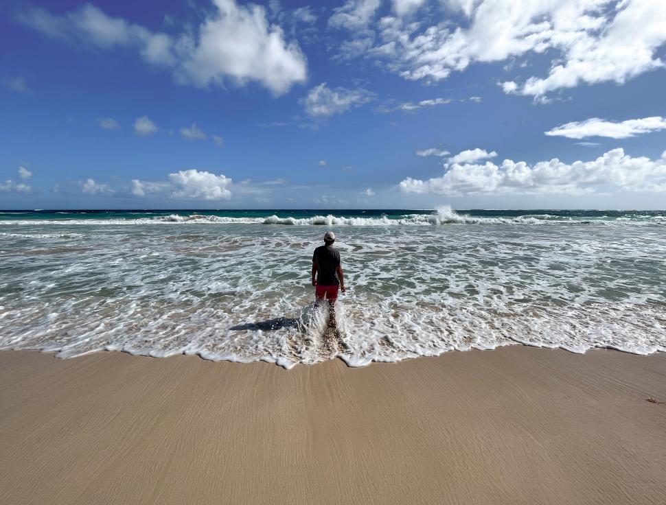 Free Image of Person standing on the beach facing the ocean waves 