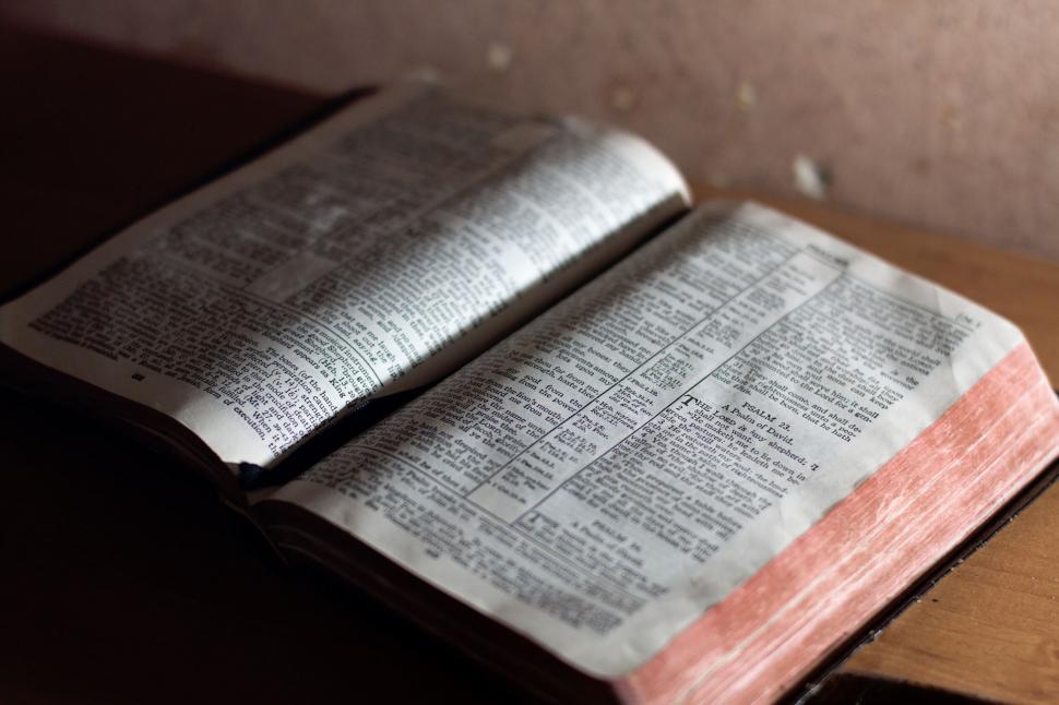 Free Image of Open book with text lit from a side angle indoors. 