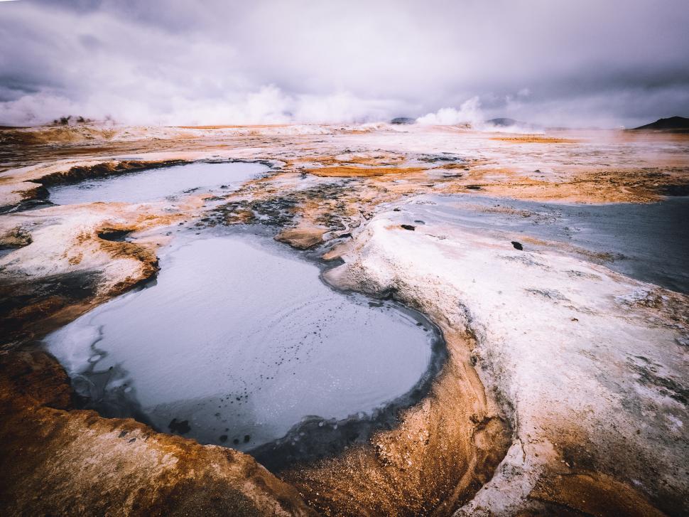 Free Image of Geothermal landscape with steaming water and minerals pool. 
