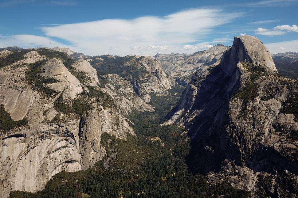 Free Image of Panoramic aerial view of rugged mountains and valleys. 