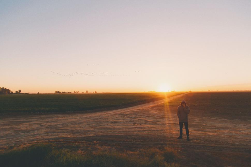 Free Image of Sunlit solitary figure in expansive rural landscape 
