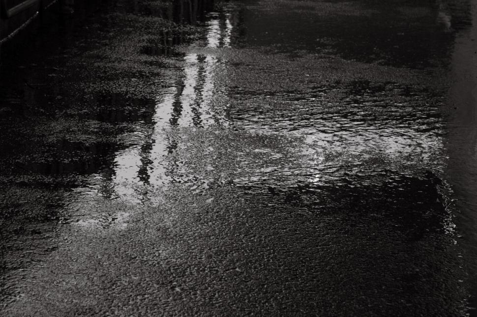 Free Image of Wet asphalt road reflecting light in a rainy day 