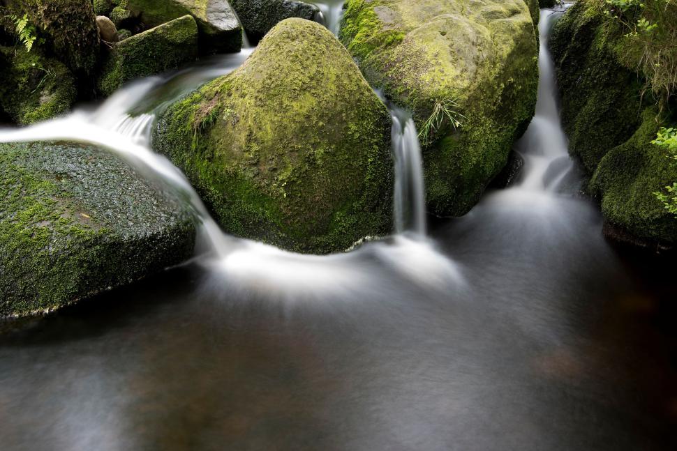 Free Image of Moss-covered rocks with flowing water in a stream 