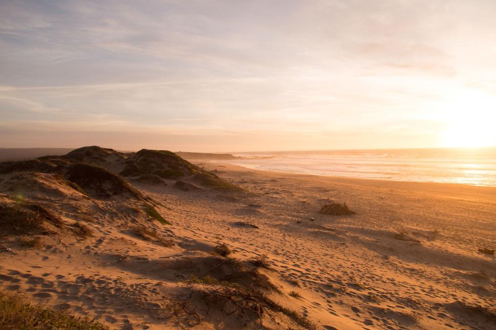 Free Image of Sandy beach at sunrise with soft gentle waves breaking 