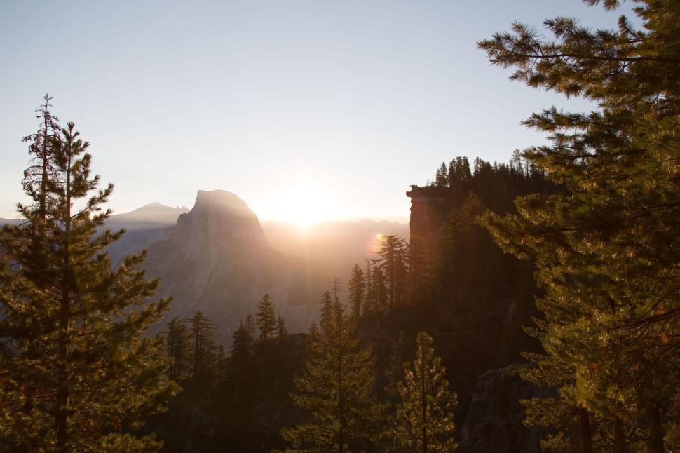 Free Image of Sunrise over misty mountains and pine tree forest scene 