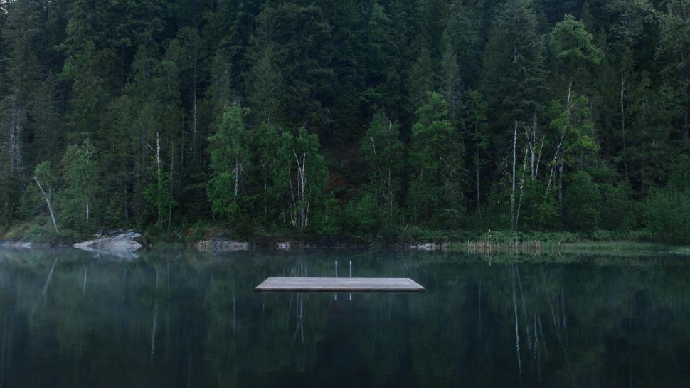 Free Image of Floating platform with forest background on calm lake 