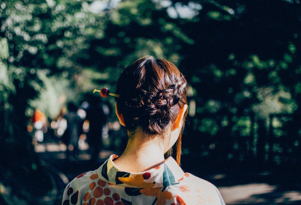 Free Image of Person wearing traditional garment with hair tied up artistically. 