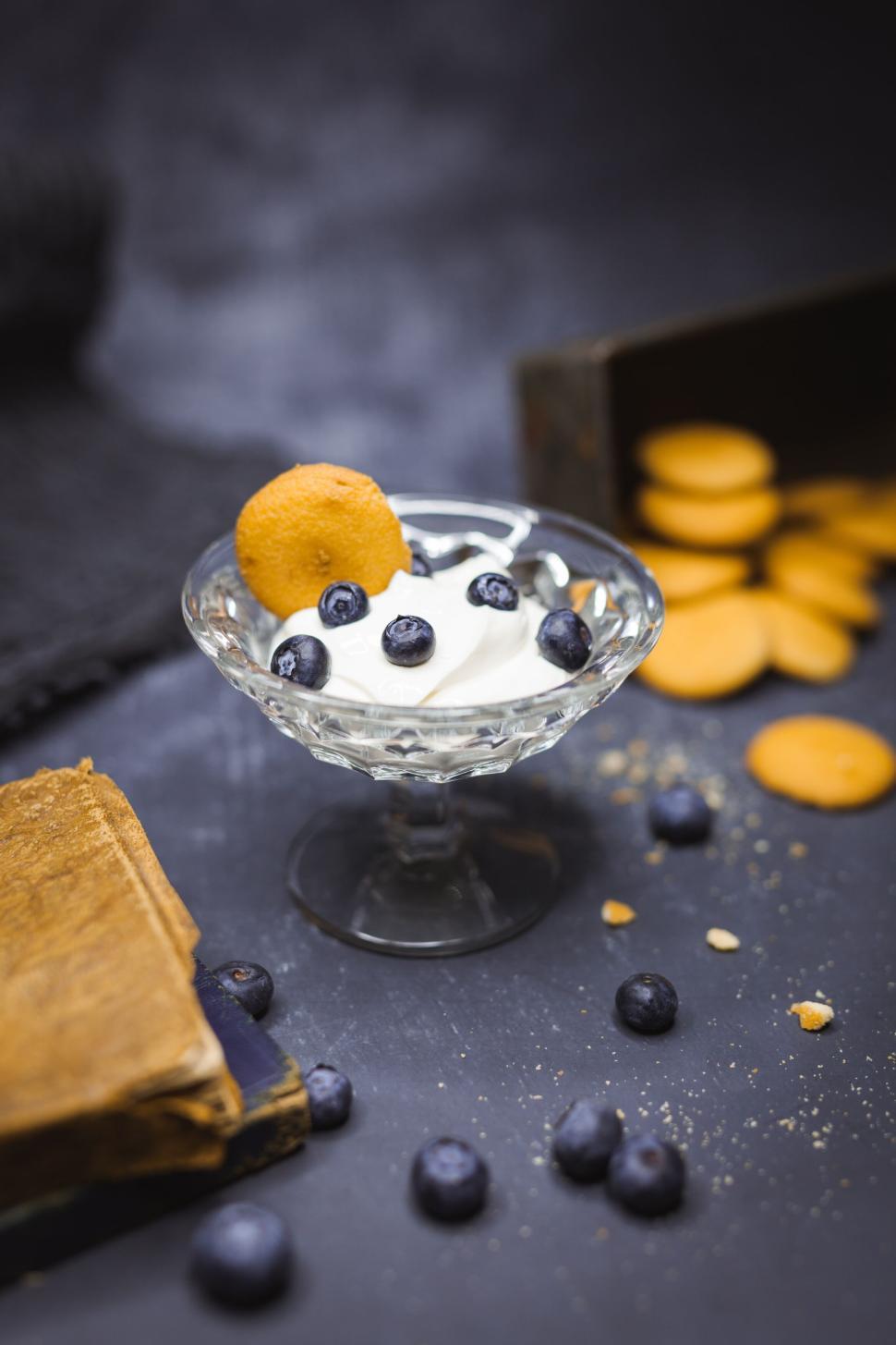 Free Image of Elegant dessert dish with blueberries and cookies. 