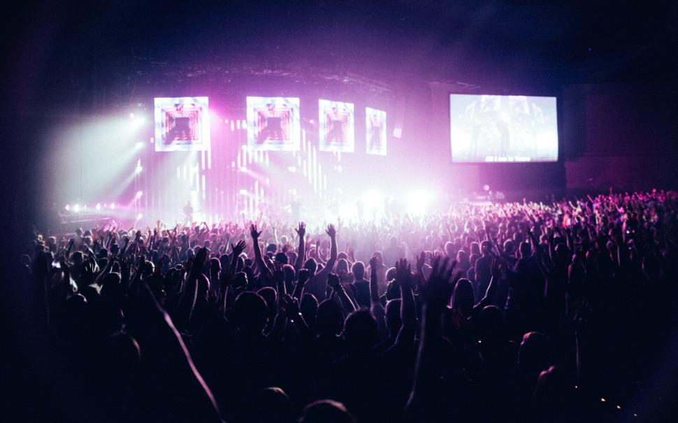 Free Image of Silhouettes of crowd enjoying a vibrant concert night. 