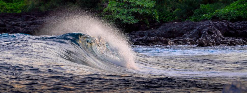 Free Image of Waves crashing on rocky shore surrounded by greenery, vibrant. 