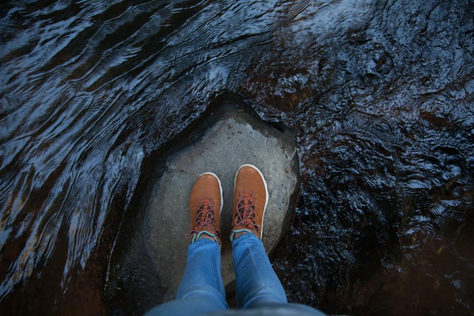 Free Image of Person standing on a rock in a flowing river, top view. 