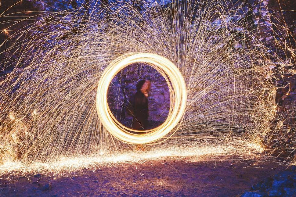 Free Image of Long exposure shot of a person with a firework circle 
