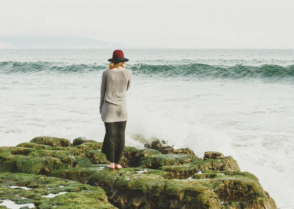 Free Image of Person standing on rocky shore looking out at the ocean 