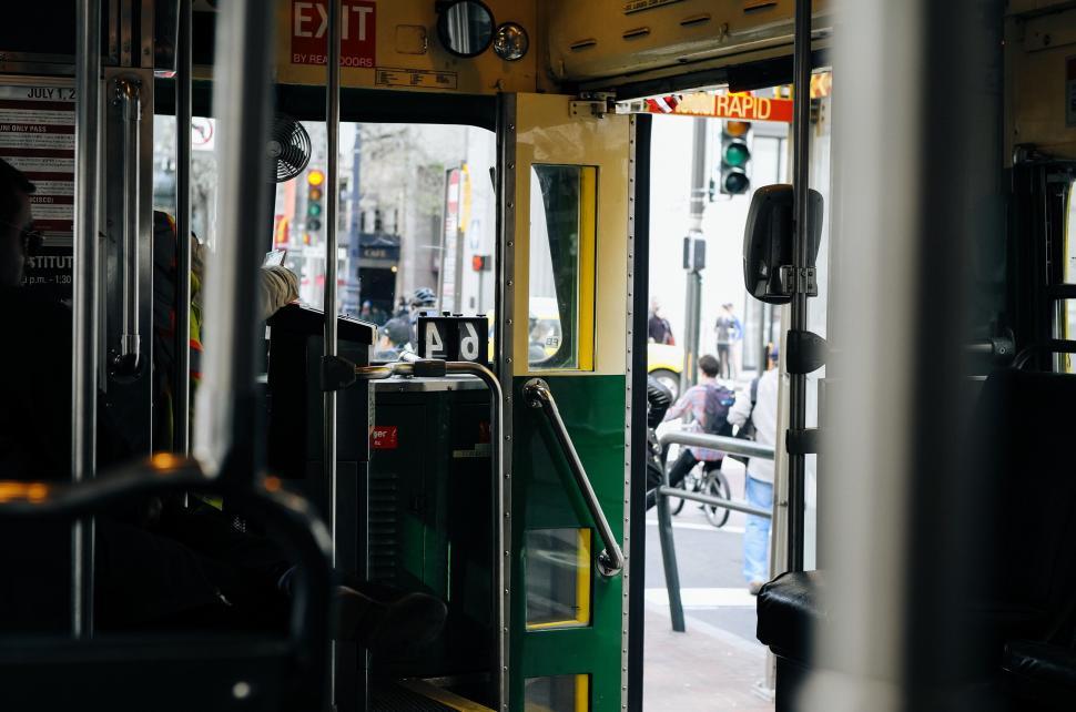 Free Image of Inside view of public transport bus with open door. 