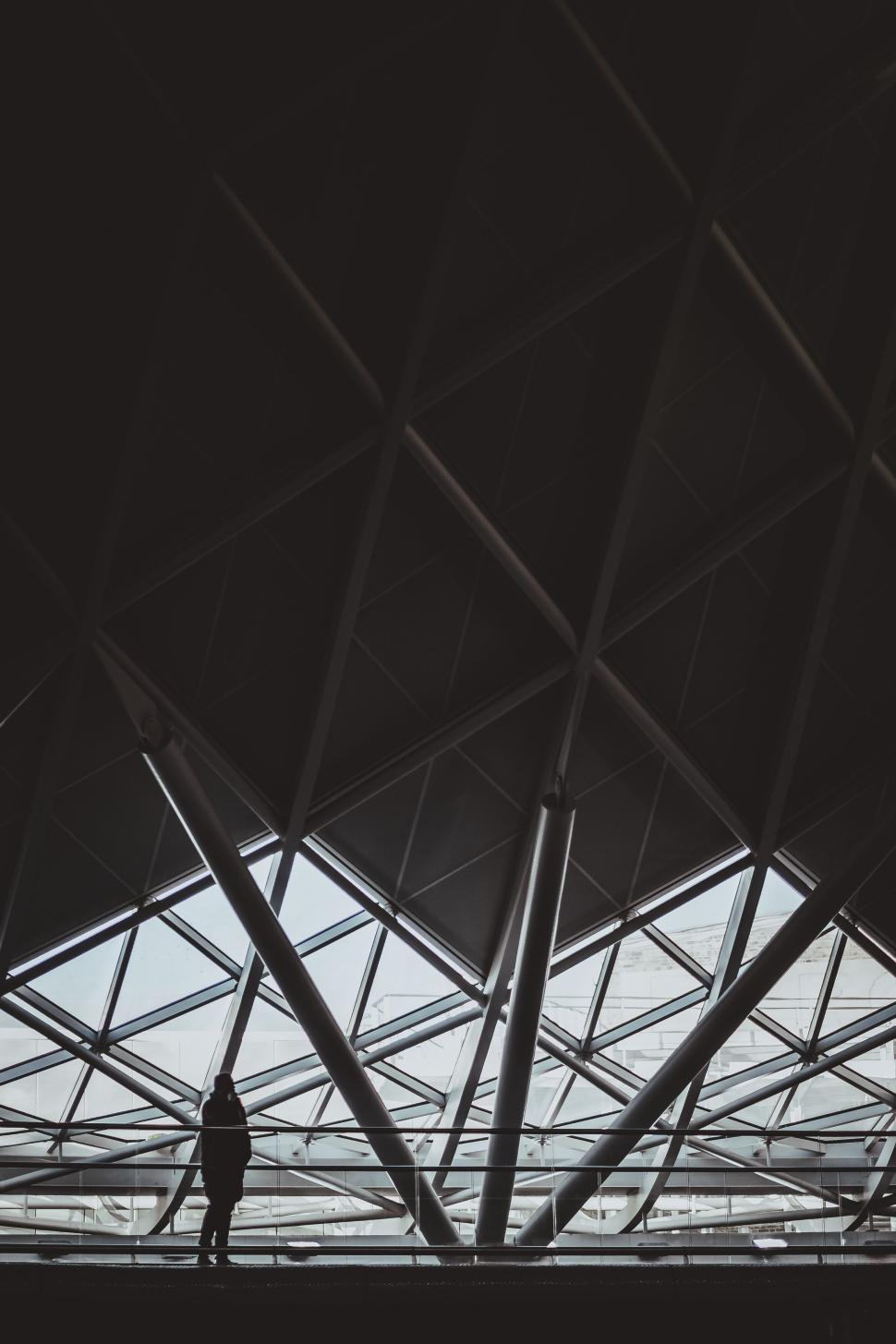Free Image of Silhouette of person standing inside modern geometric architecture space. 