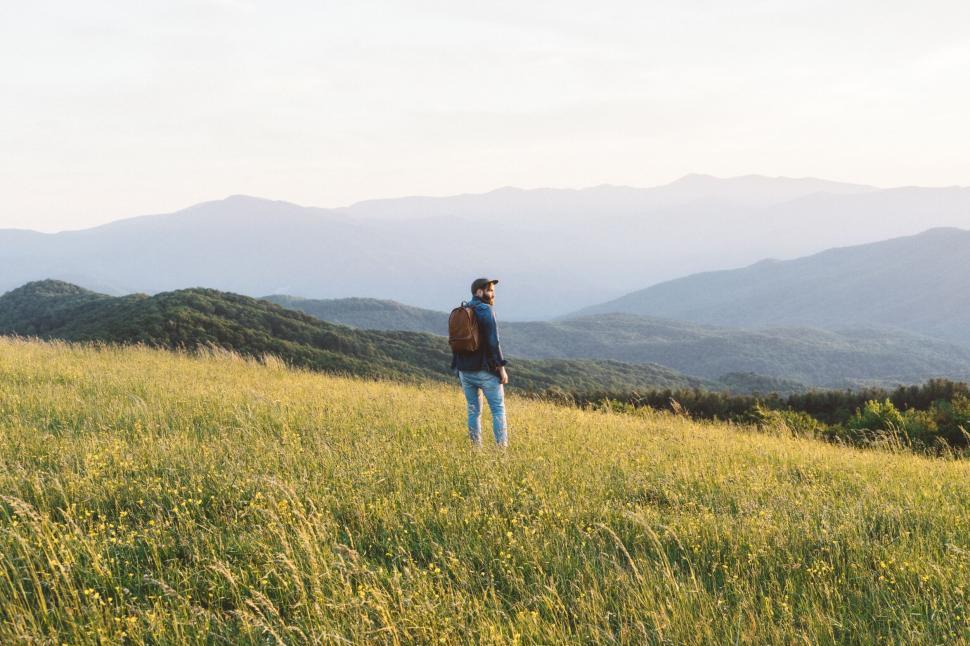 Free Image of Person standing in a field of flowers with scenic mountain views 