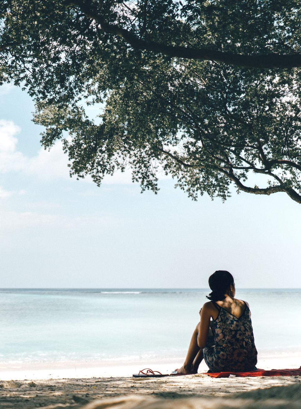 Free Image of Woman sitting under a tree at the beach looking out at the ocean 