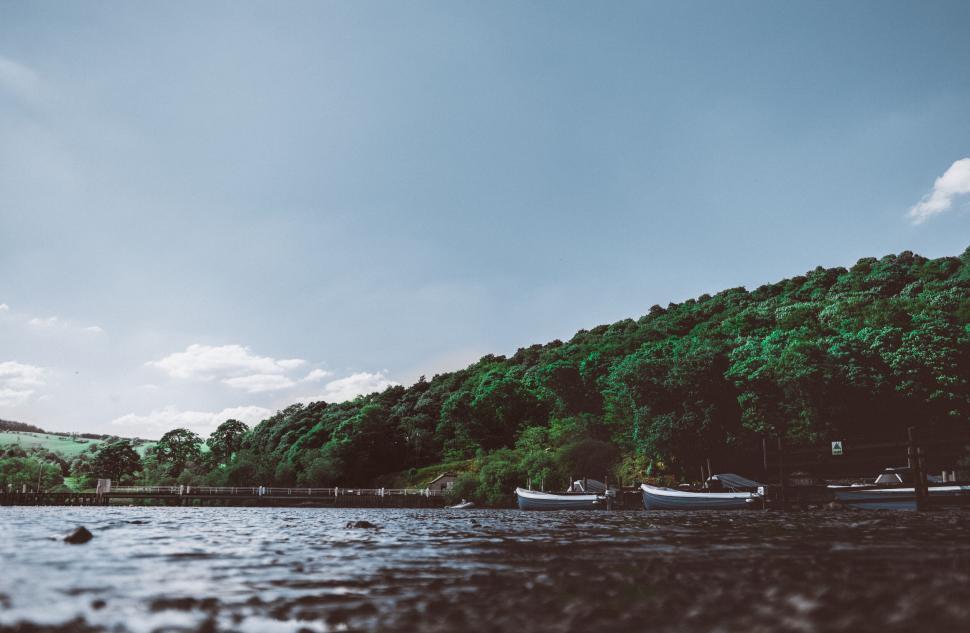 Free Image of Idyllic lakeside scene with boats and lush green hillside trees 