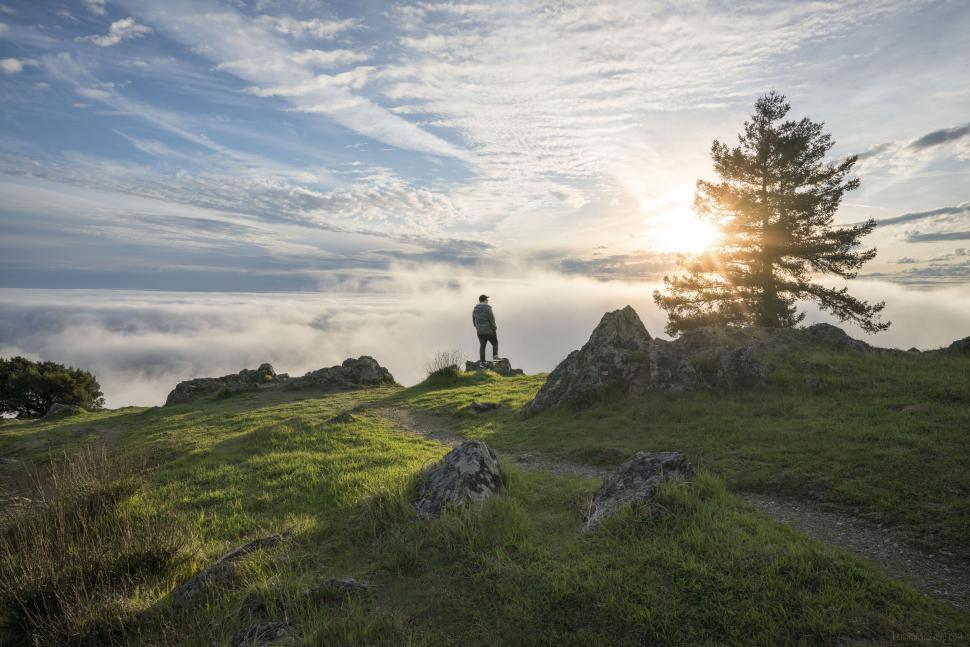 Free Image of Person sitting on grassy hilltop, contemplating under blue sunset sky 