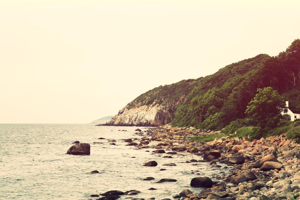 Free Image of Rocky coastline with lush green cliffs meeting the calm ocean water 