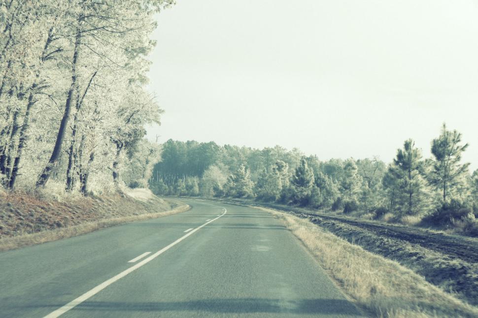 Free Image of Scenic winding road through a serene winter landscape with trees 