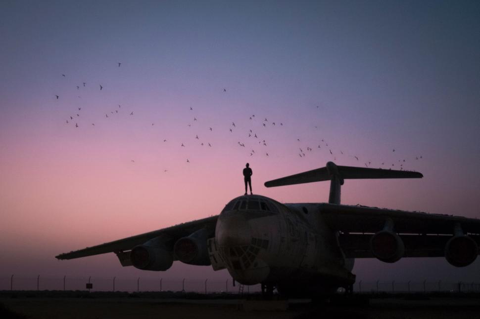 Free Image of Silhouette of person on airplane with birds at sunset 
