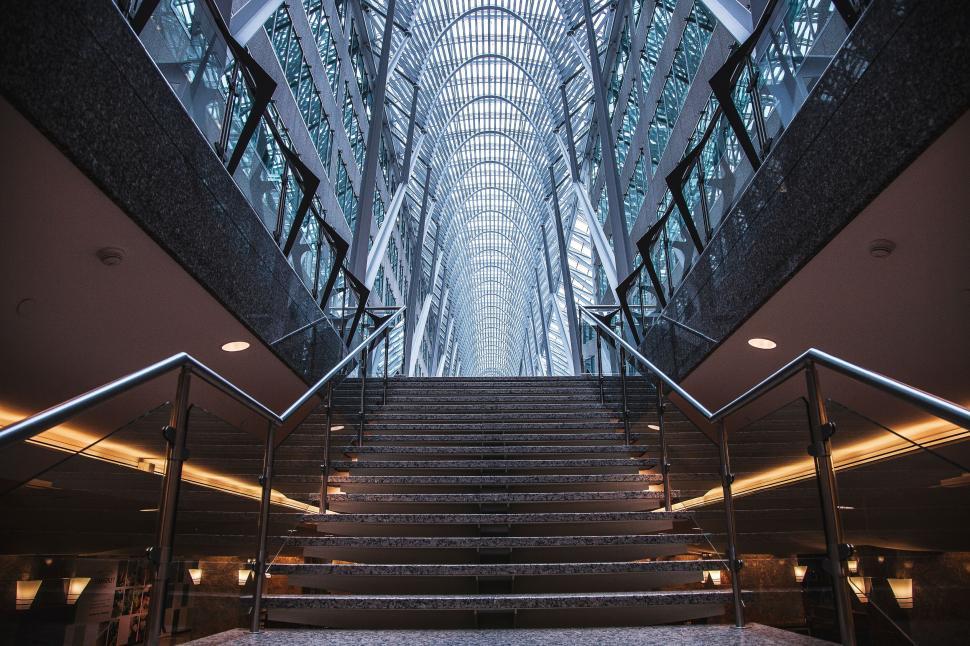 Free Image of Modern architectural staircase with glass and steel structure. 